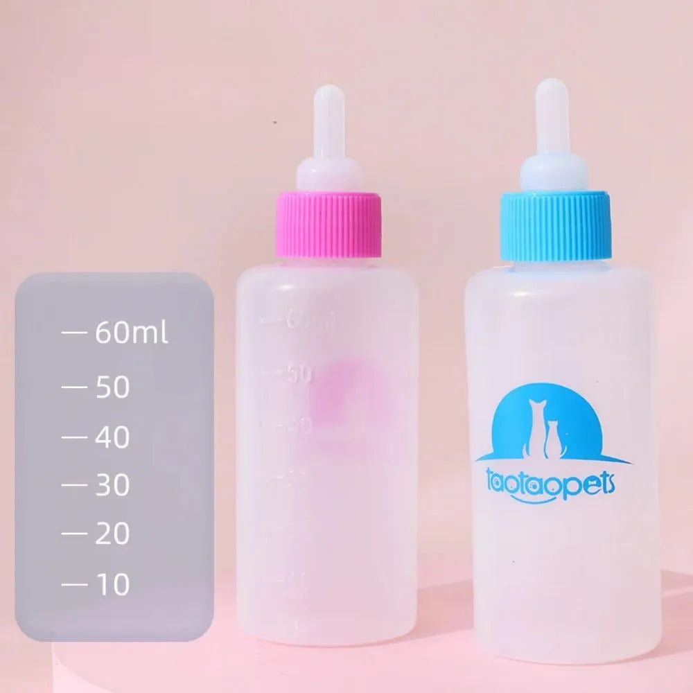 Set of four coloured pet milk bottles with a cleaning brush for feeding newborn puppies and kittens.