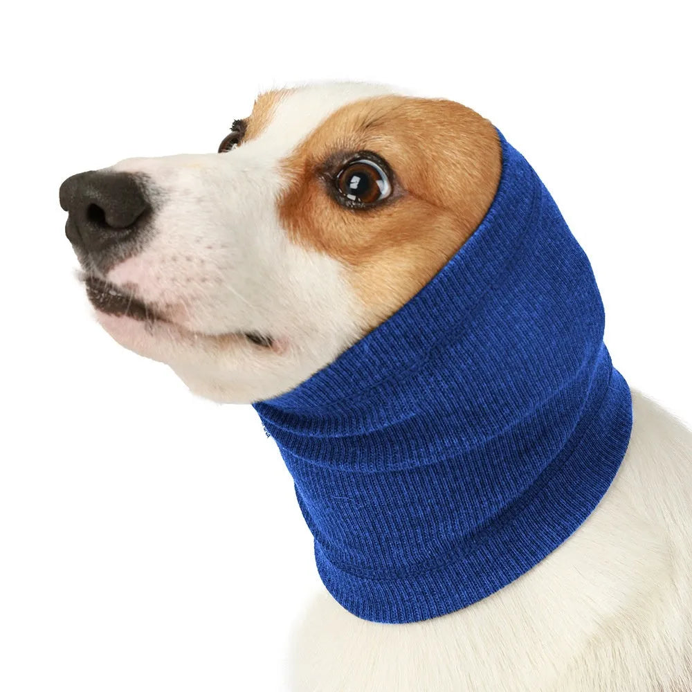 Blue polyester dog headband scarf shown on a model dog, with grey colour option and S/M/L size labels visible.