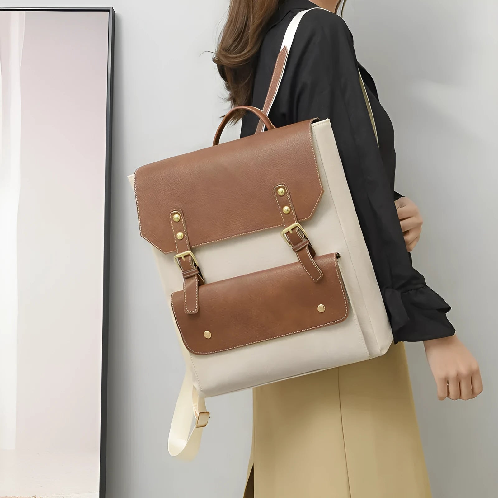 Korean style soft PU retro backpack shown in black, brown, creamy white, and dark brown colours.