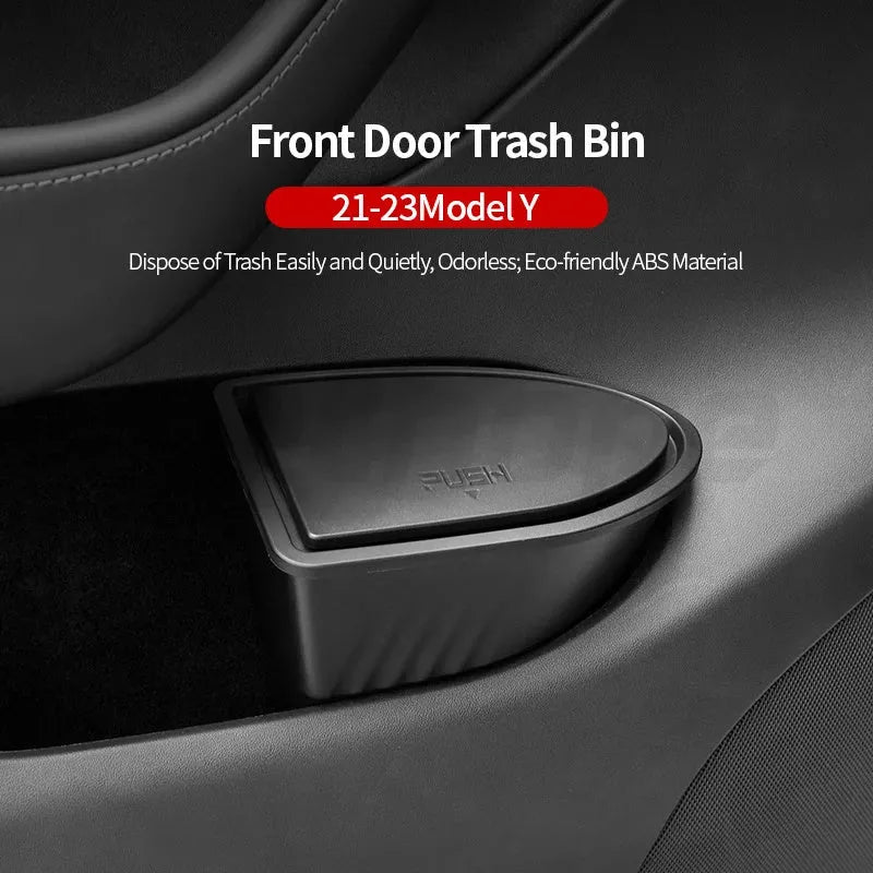 Black ABS plastic car door storage containers for Tesla Model Y front doors, 2-pack