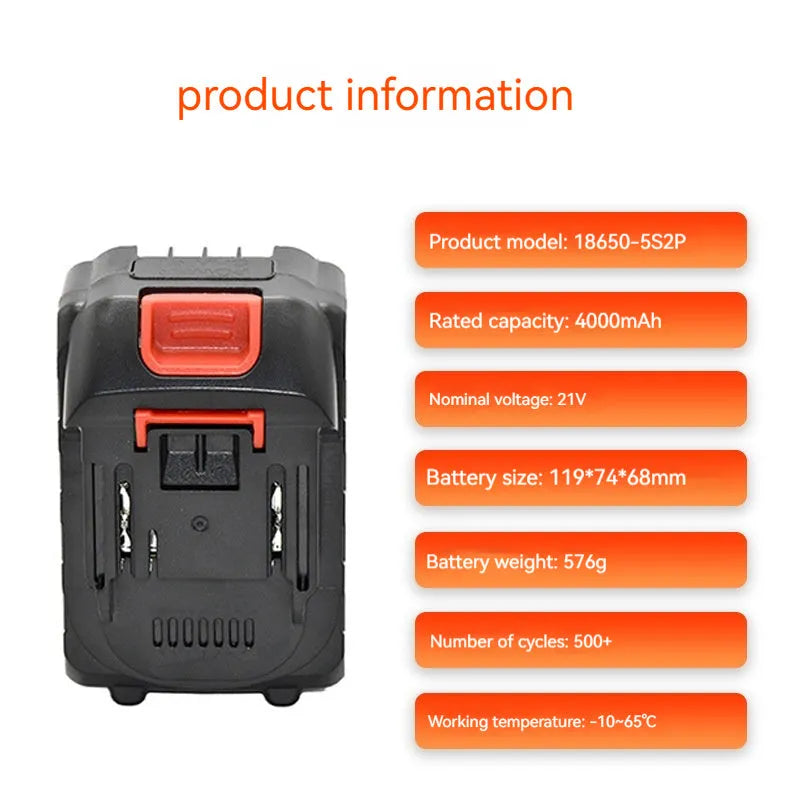 21V 4000mAh lithium battery pack with flat head cap, 5S2P configuration, 119x74x68mm