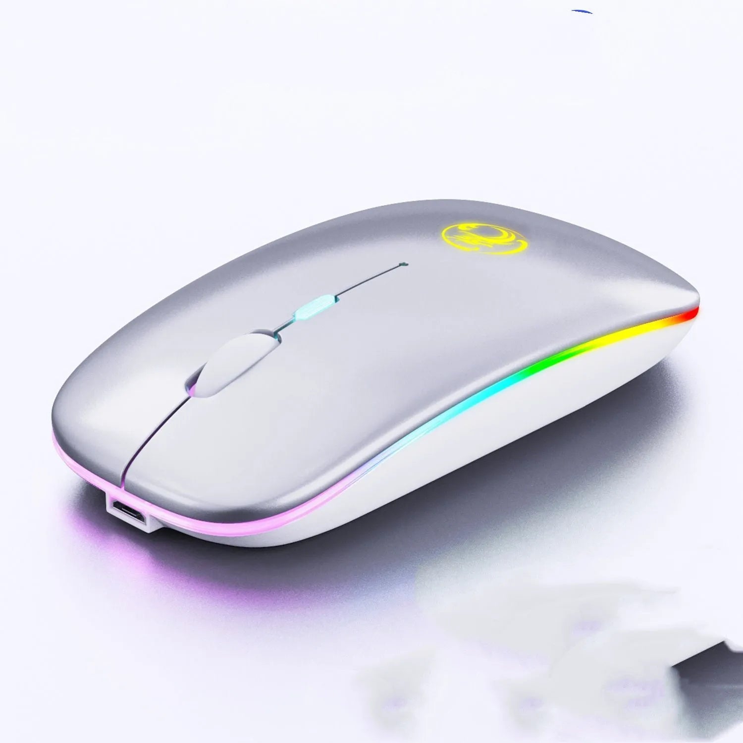 Black and white wireless mouse with silent buttons and luminous charging scroll wheel on a desk.