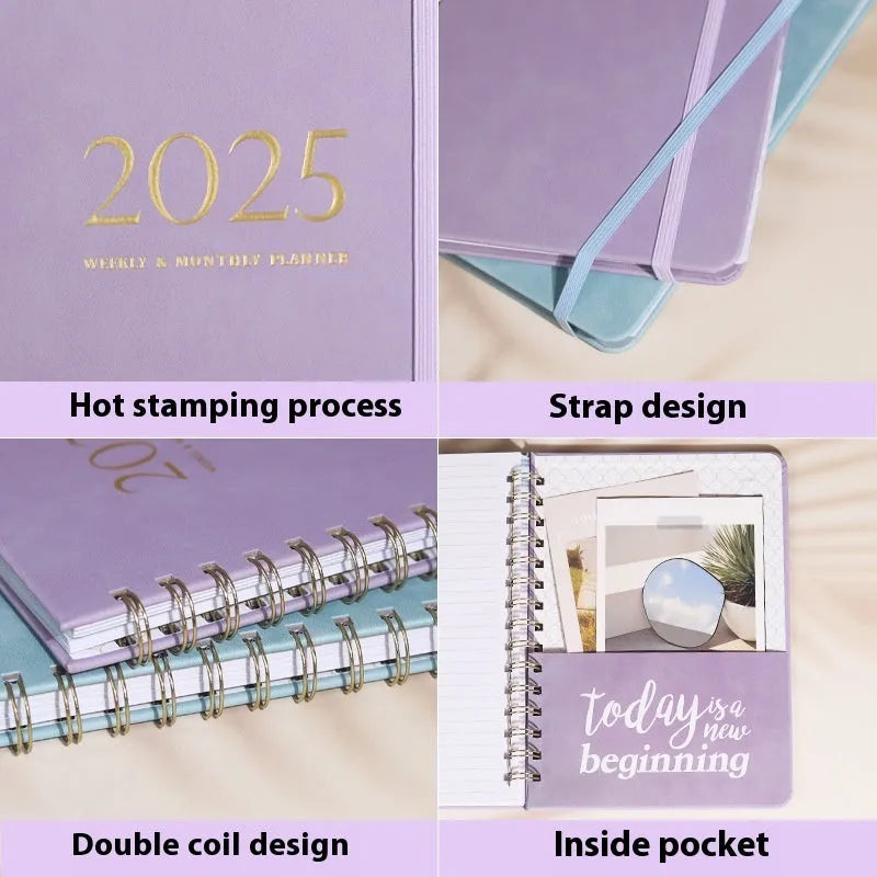 A5 size PU leather notebook with metal coil binding in various colours for 2024 and 2025.