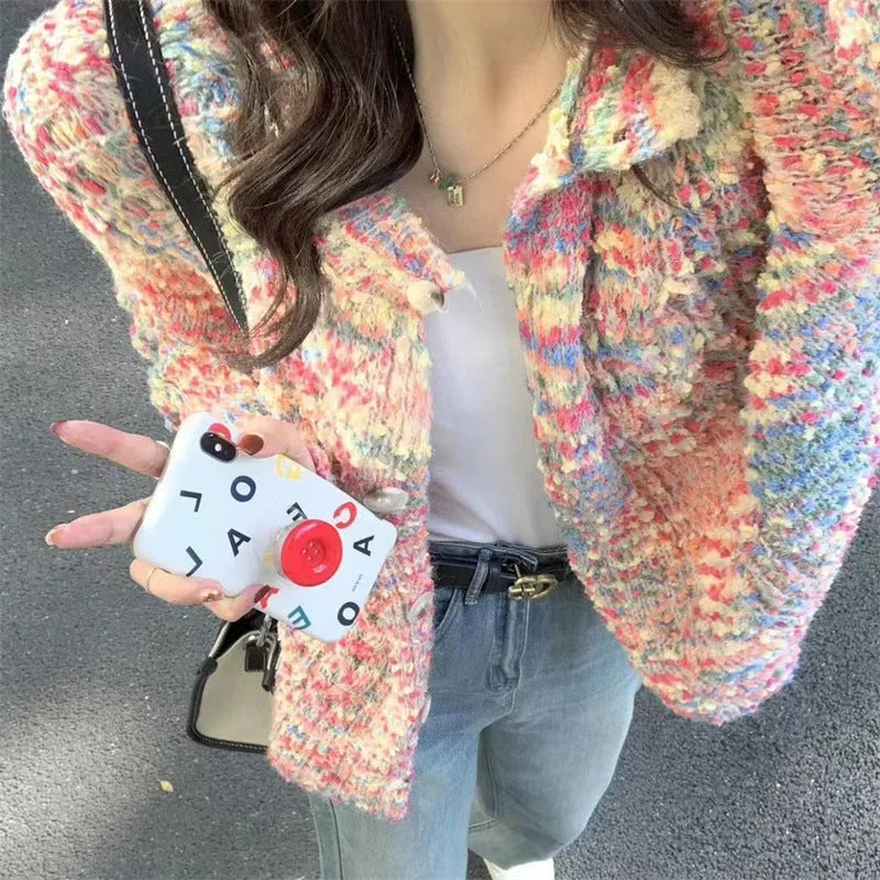 Rainbow knitted cardigan sweater in retro gentle idle style showing toothbrush hair fabric texture