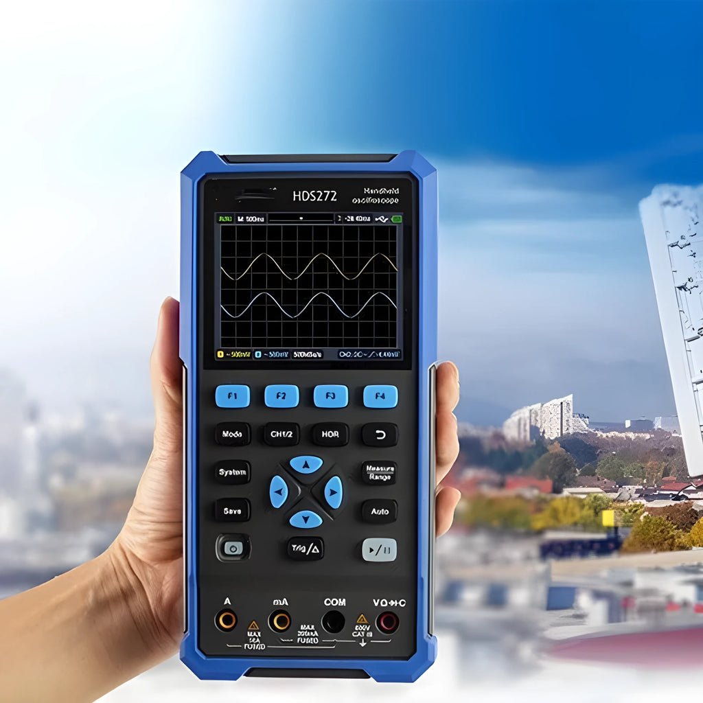 Owon HDS272 handheld digital oscilloscope with probe and accessories for automotive diagnostics