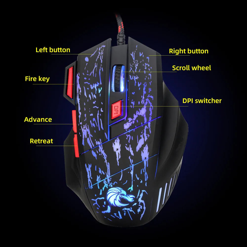 Water crack colourful luminous wired gaming mouse with USB cable
