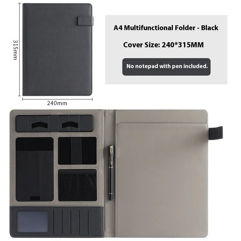 Leather A4 business folder in black, open to show interior with optional pen and notepad.