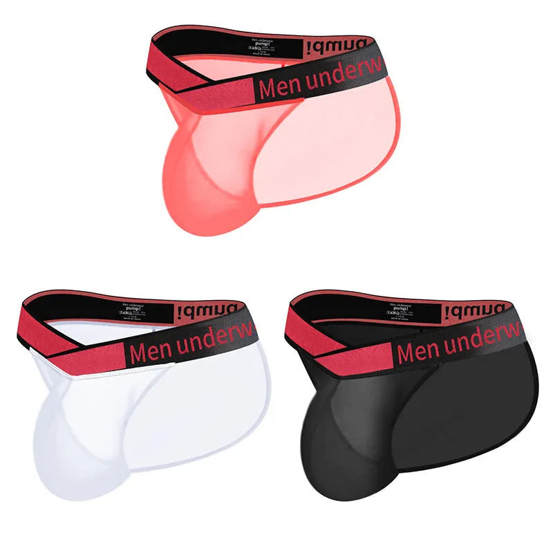 Men's transparent ice silk underwear with large V gradient high fork design in black colour