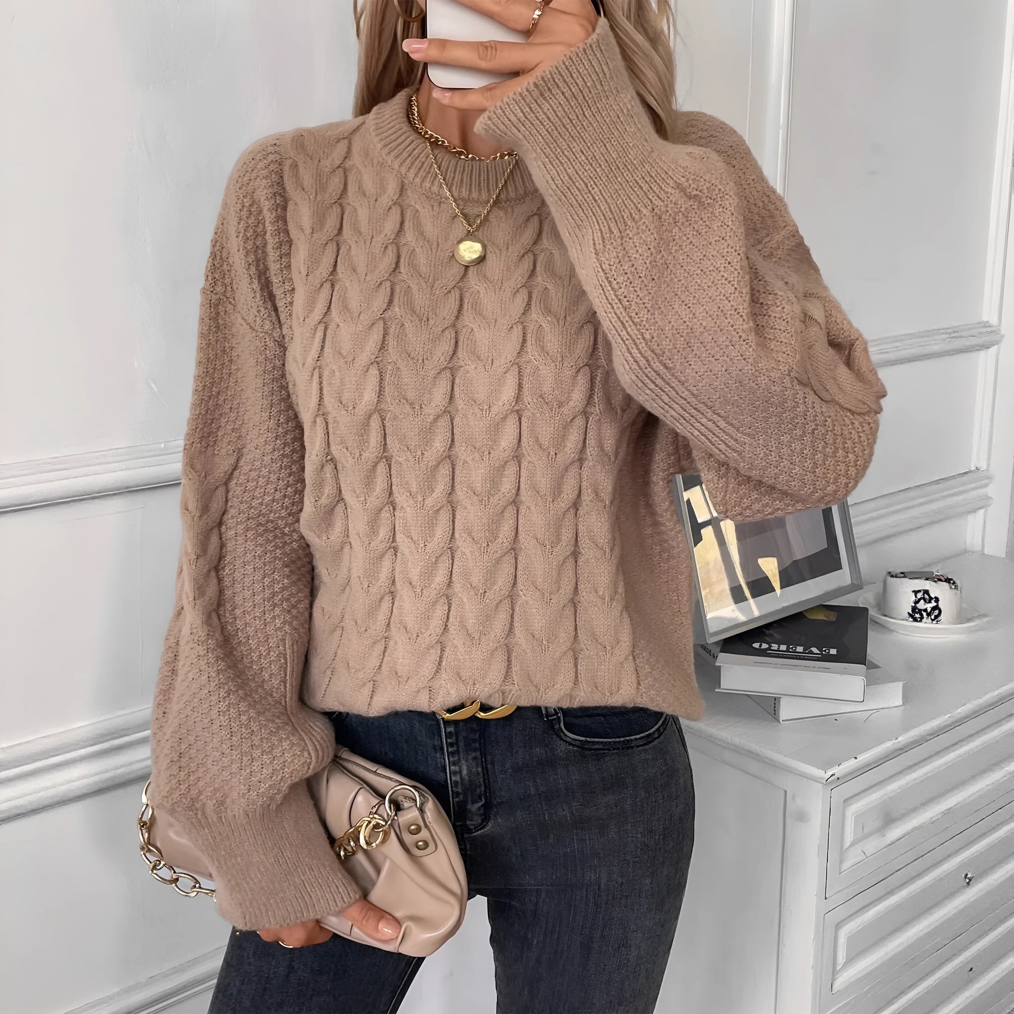 Women's beige casual sweater with twist detail and round neckline