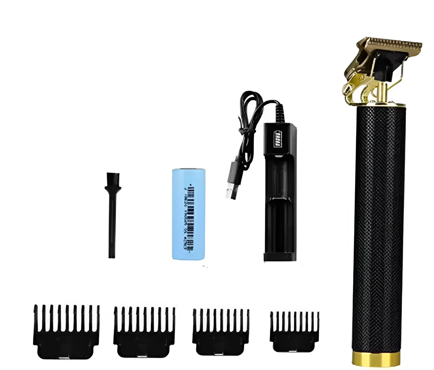 Black rechargeable electric hair clipper with four comb attachments and cleaning brush on a white background.