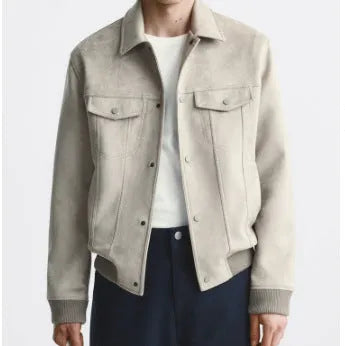 British style suede velvet commuter jacket in mink colour with long sleeves and flexible spandex composition