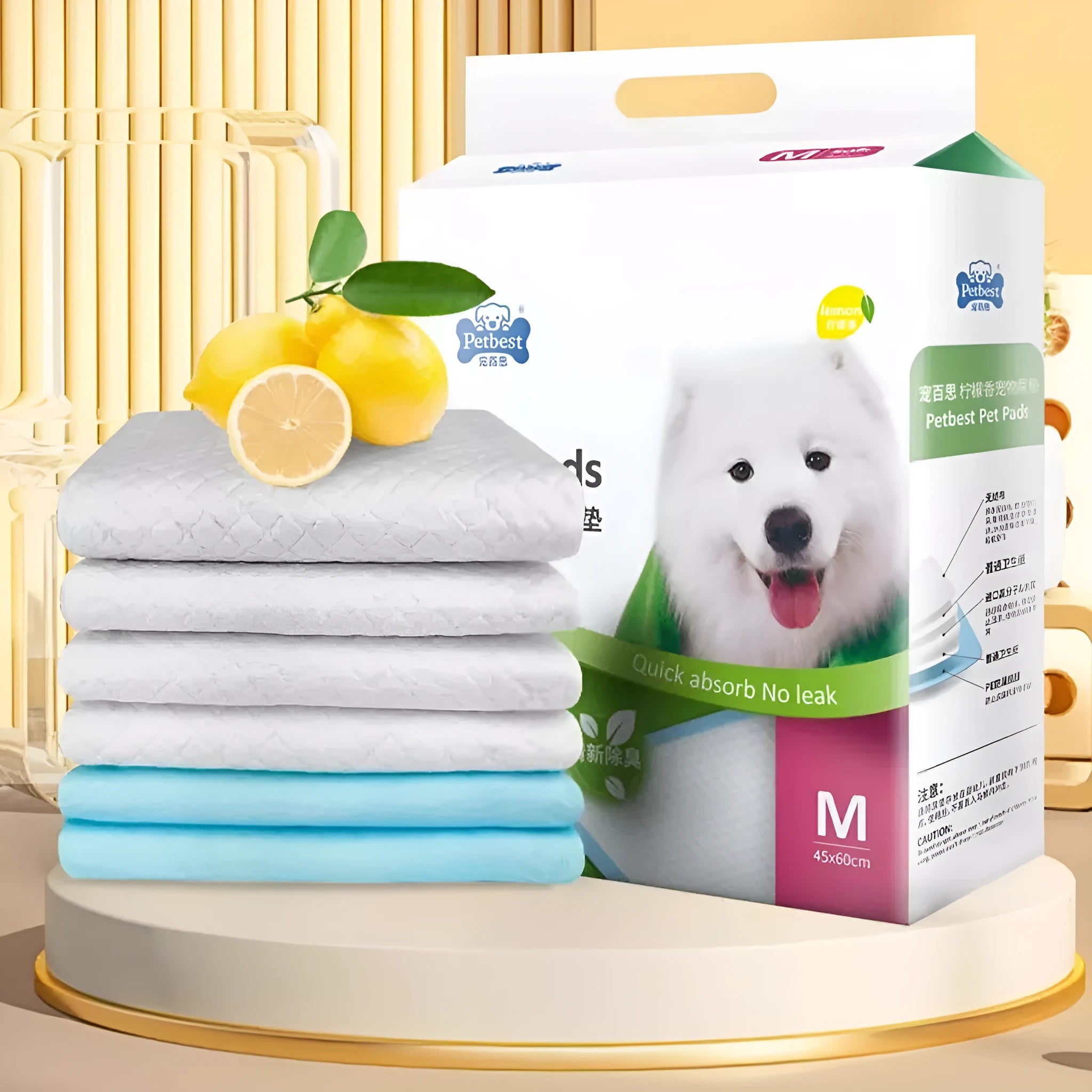 Pack of thickened dog urine pads showing adhesive backing and size comparison chart for S, M, L, and XL codes.
