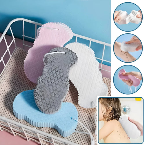 3D fish scale pattern bath sponge ball in white, grey, pink, or light blue colour.