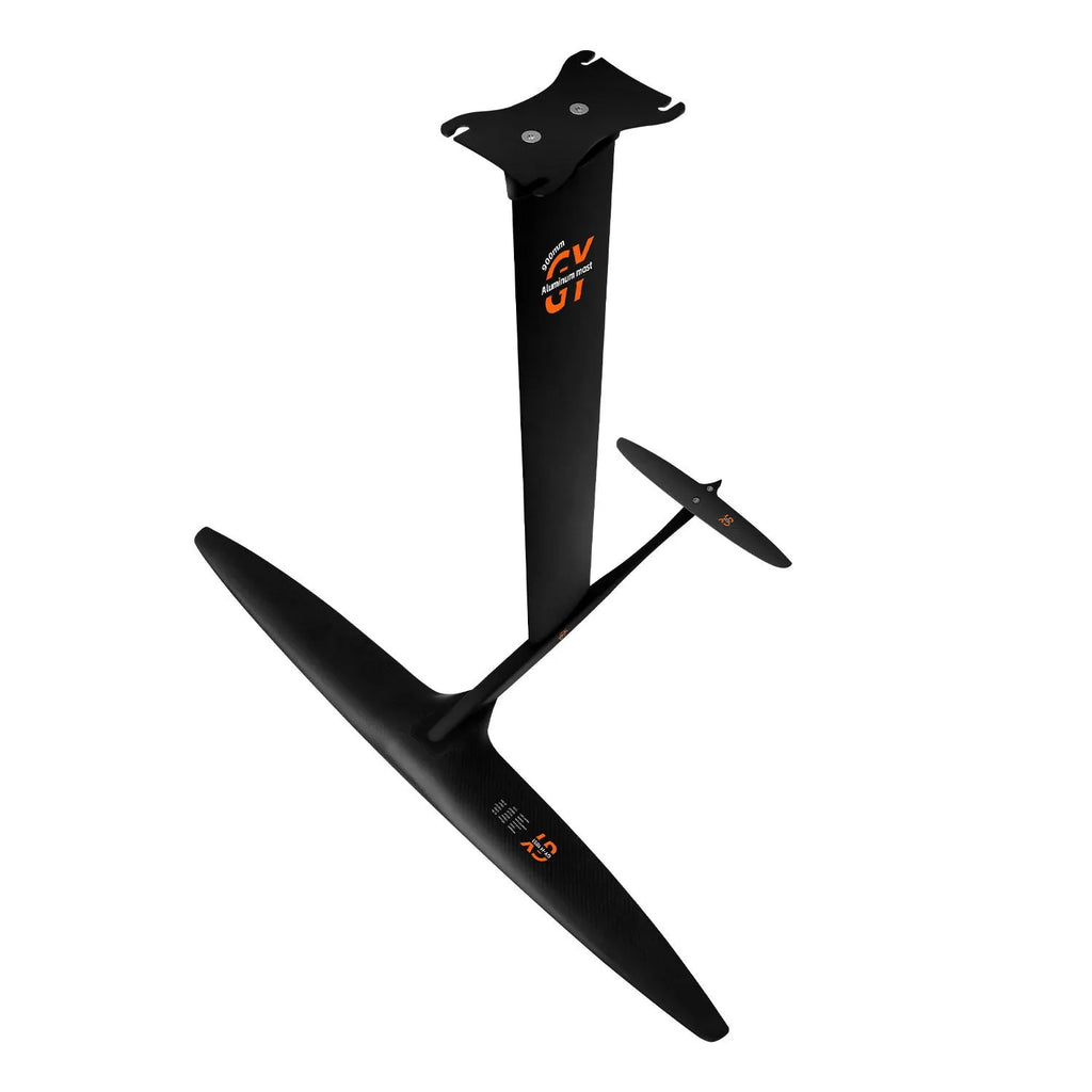 Black carbon fibre racing hydrofoil with 1051mm front wing for unpowered surfing