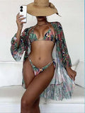 Tropical triangle bikini top with chest pad and matching kimono in green polyester