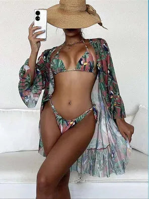Tropical triangle bikini top with chest pad and matching kimono in green polyester