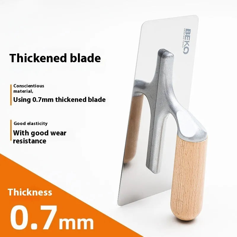 Stainless steel putty scraper with a wooden handle, showing three different blade size options.