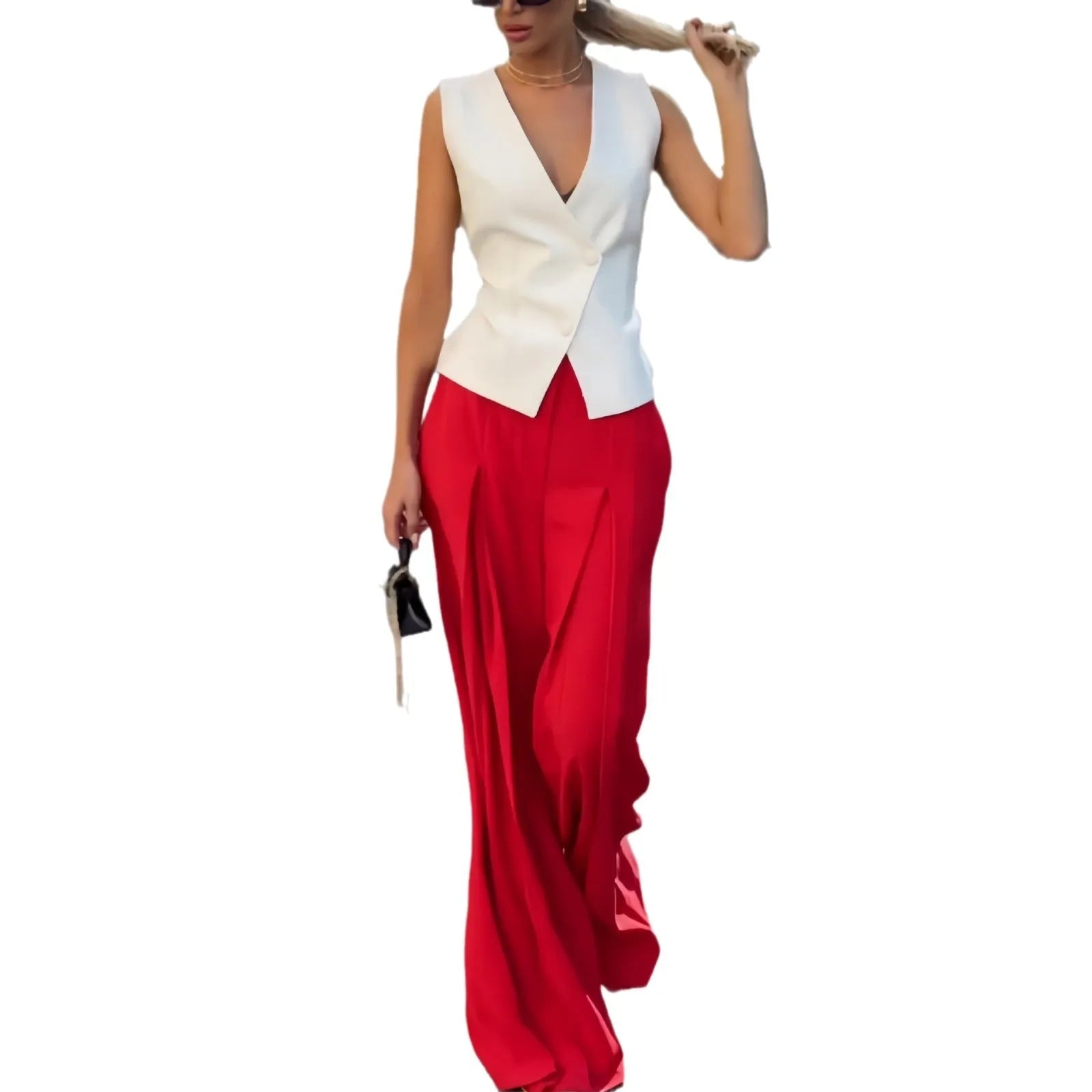 Women's beige two-piece set with deep V-neck sleeveless top and high-waisted wide leg trousers.