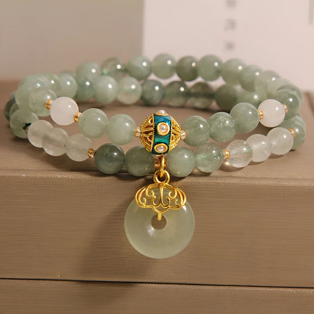 Women's aventurine double-layer jade bracelet with safety buckle closure in emerald green