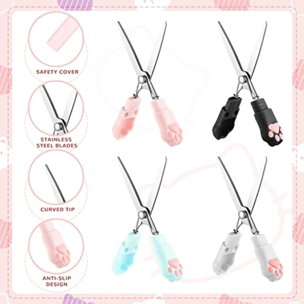 Small stainless steel folding scissors with cat paw handles shown in pink, blue, black, and white.