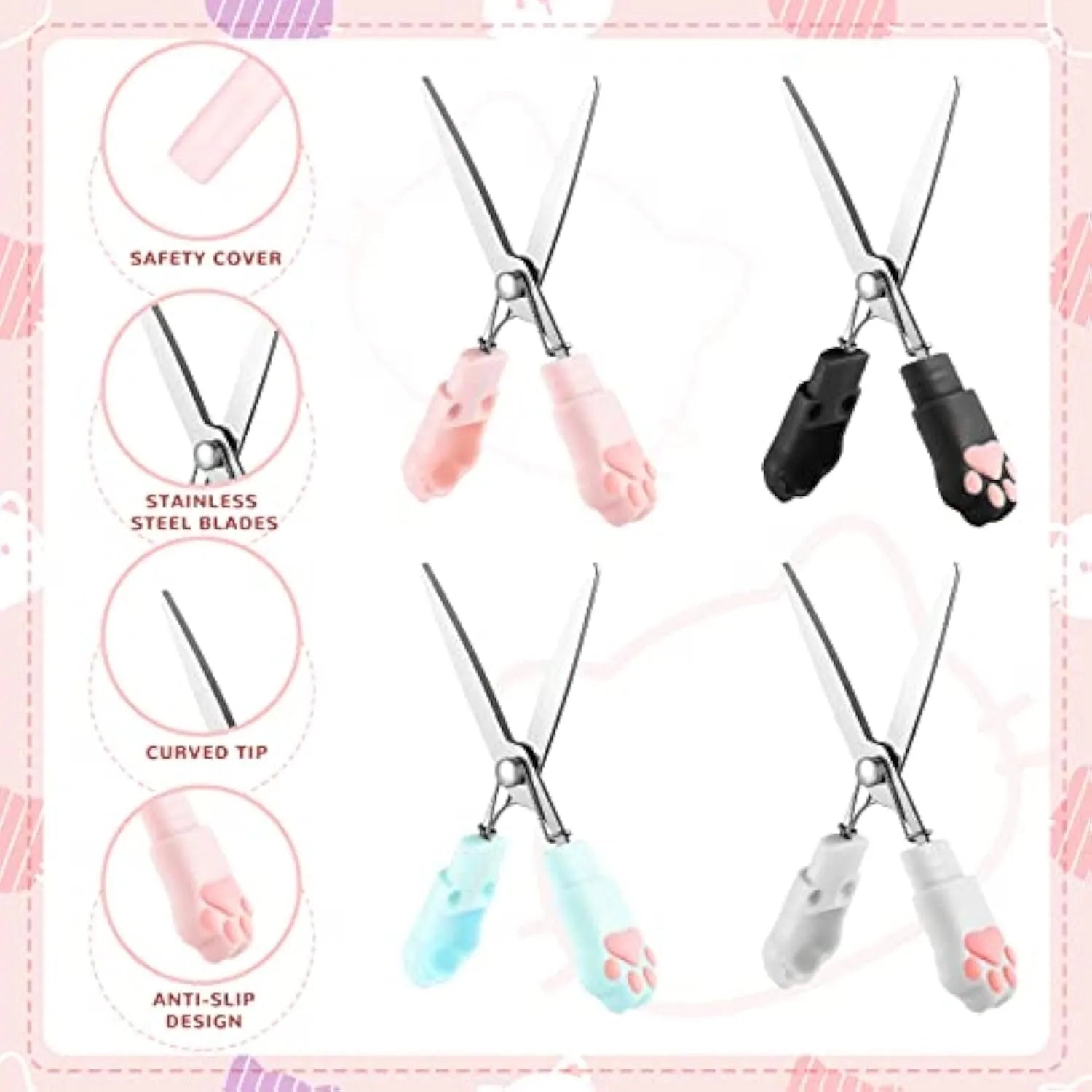 Small stainless steel folding scissors with cat paw handles shown in pink, blue, black, and white.