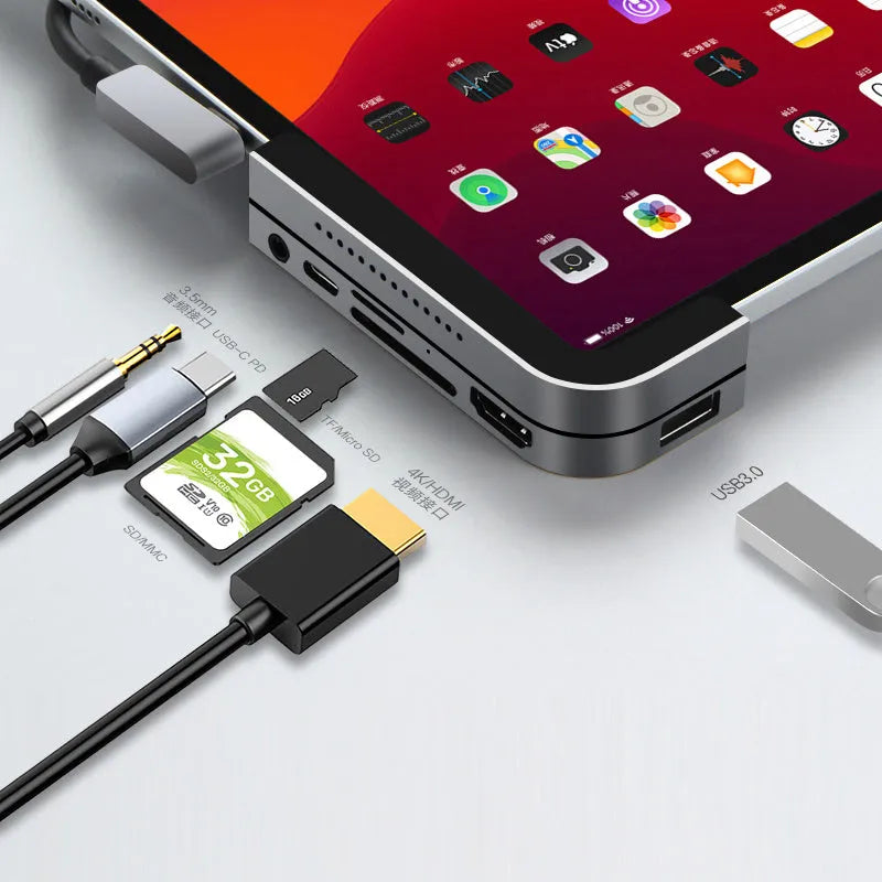 Silver aluminium grey USB-C docking station with 6 ports for iPad Pro 2018 and 2020 models