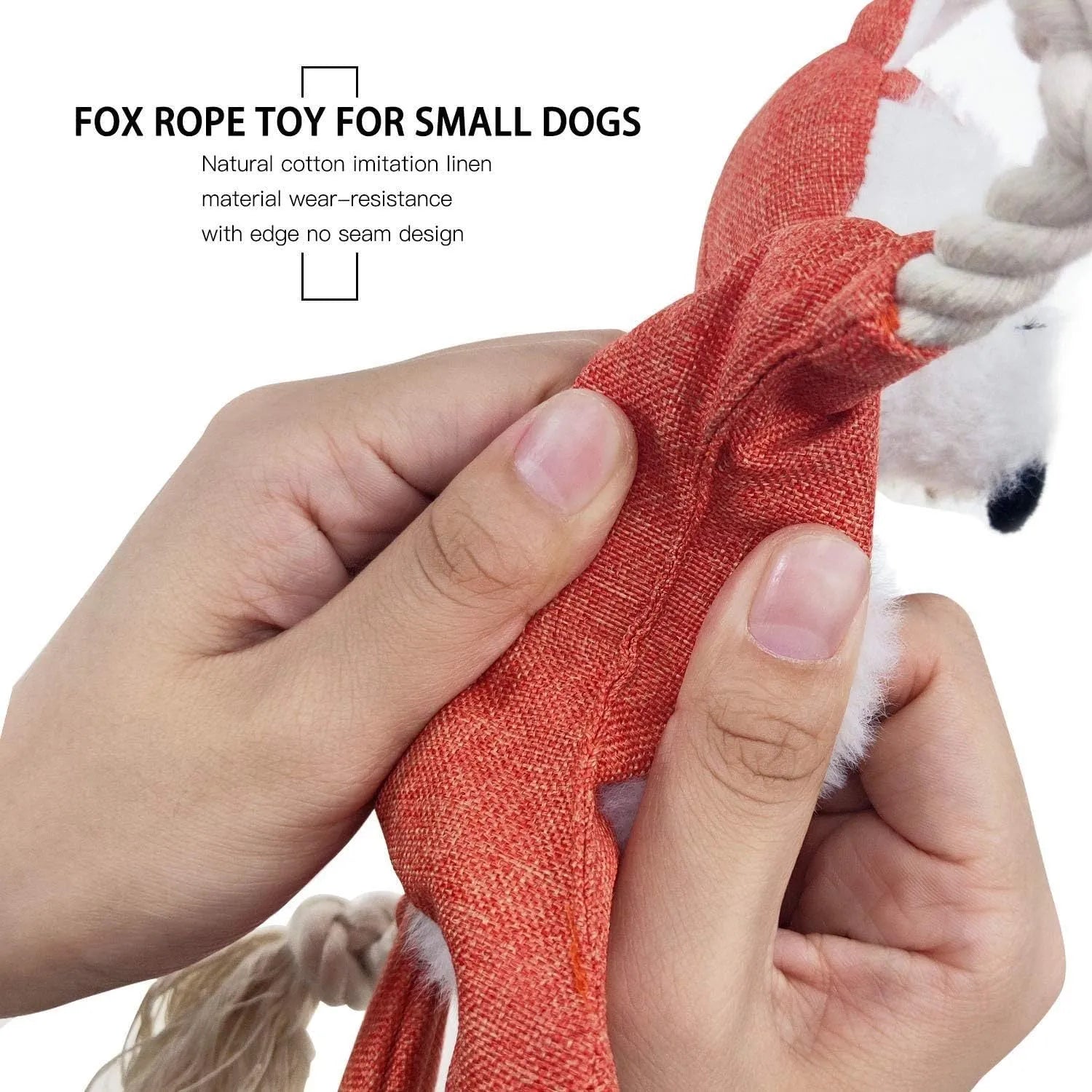 Brown fox-shaped dog toy with embroidered eyes, cotton rope through arms and legs