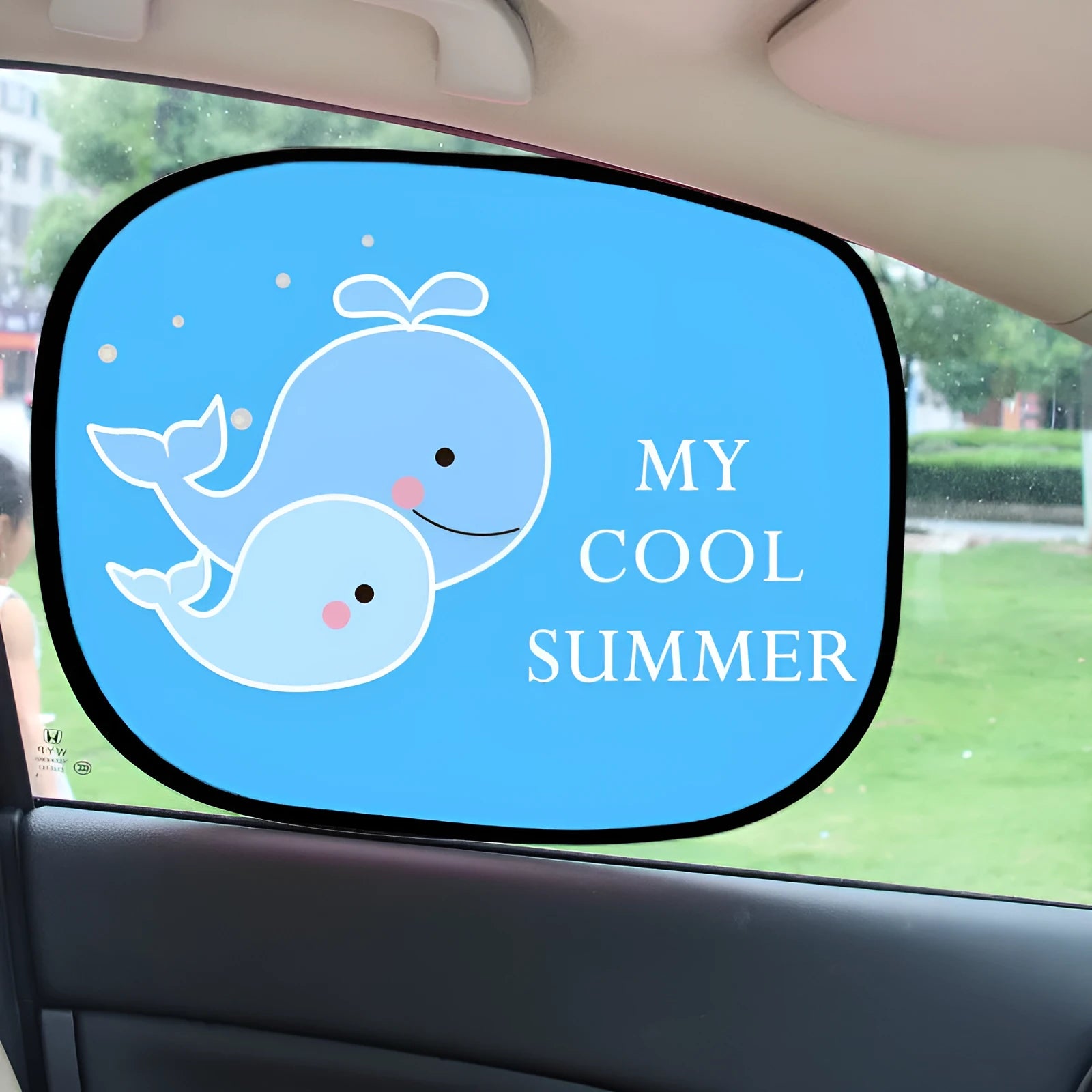 Pair of grey nylon mesh electrostatic car sunshades for side windows.