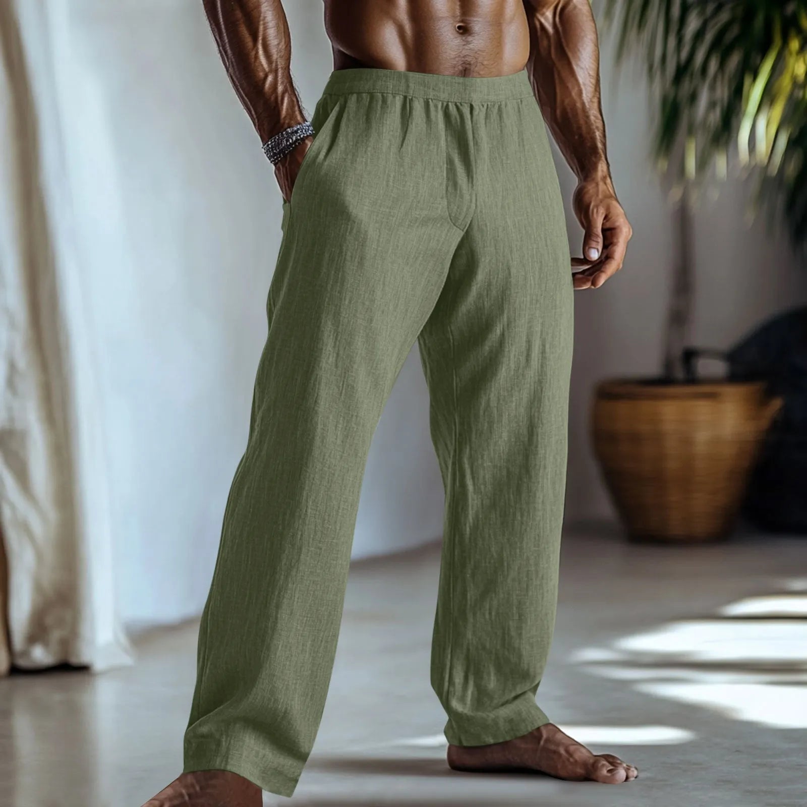 Cotton and linen straight leg British style casual trousers in light green colour with pocket detailing