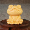 Solid bamboo carving ornament with smiling frog cartoon design, 5cm height