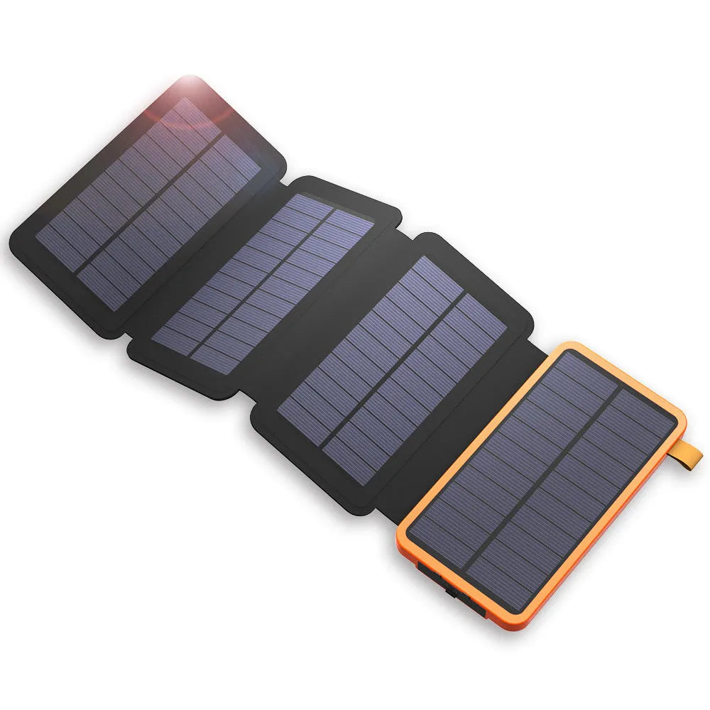 Outdoor rainproof solar phone charger with LED light in multiple colour options on a rustic surface.