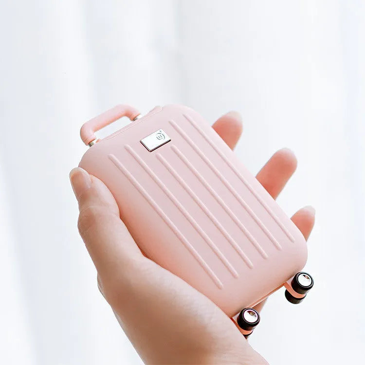 Travel box hand warmer in dark blue with aluminium alloy body showing double-sided heating surface
