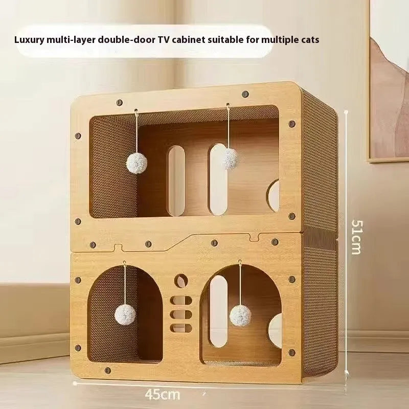 Double layer cat scratching board with built-in nest in owl design style
