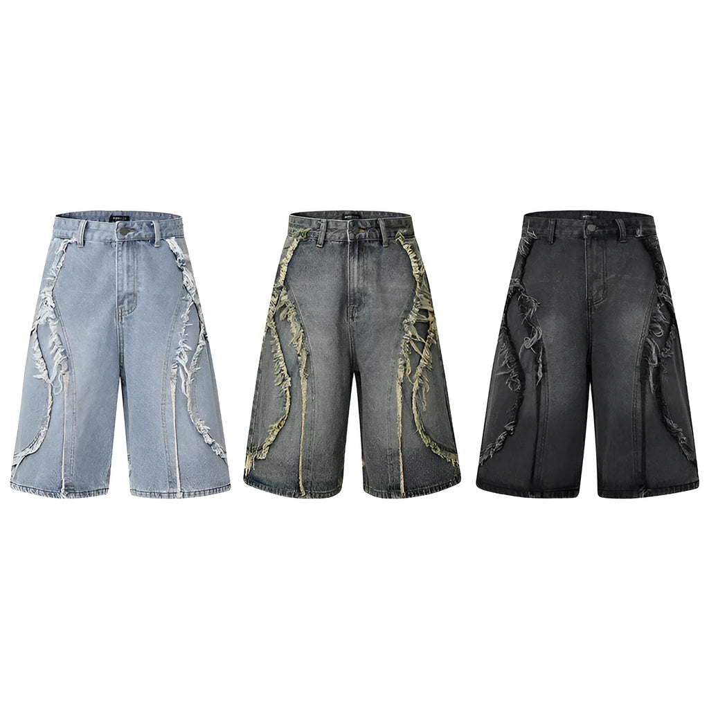 Men's distressed light blue denim shorts with raw edge hem and straight leg cut on a plain background.
