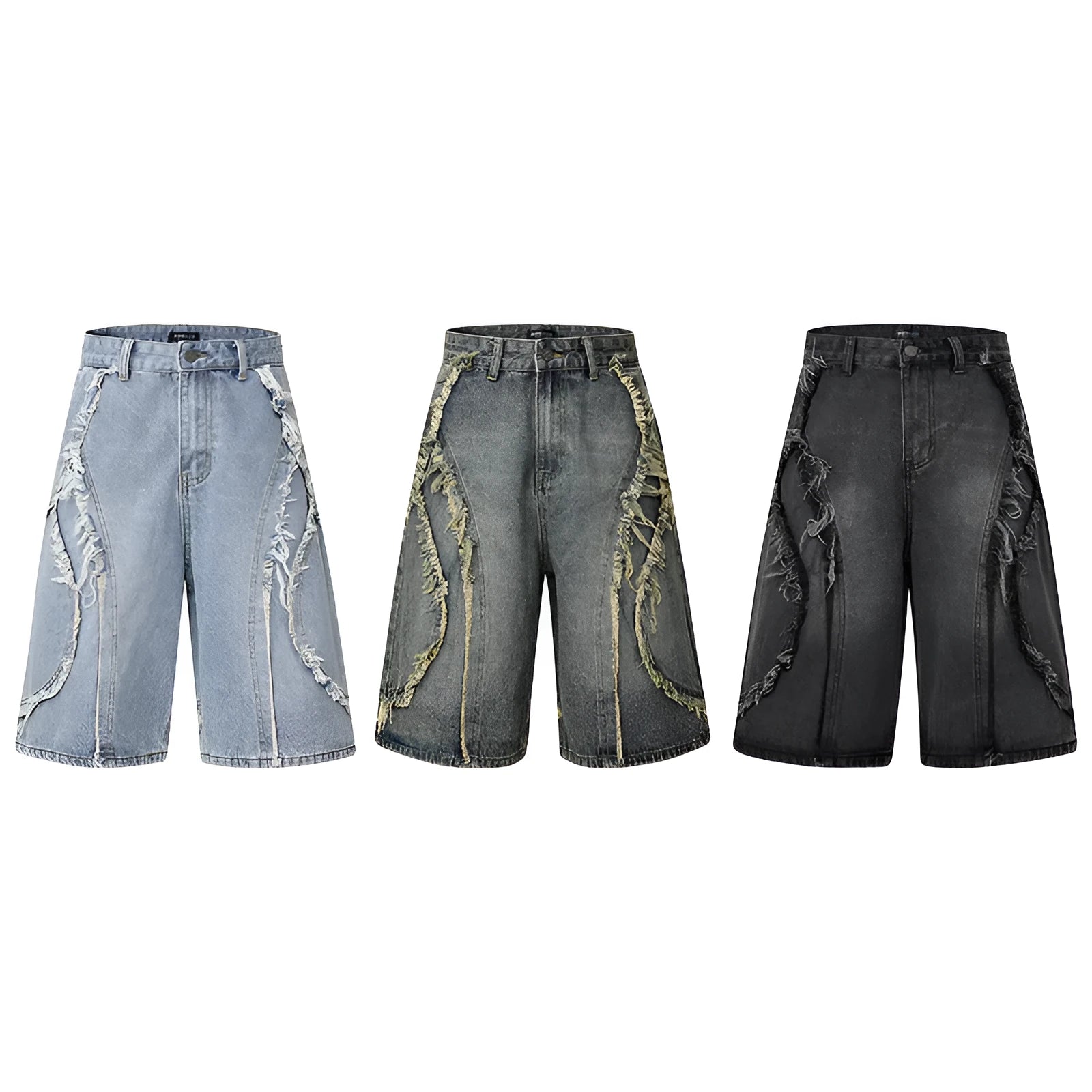 Men's distressed light blue denim shorts with raw edge hem and straight leg cut on a plain background.
