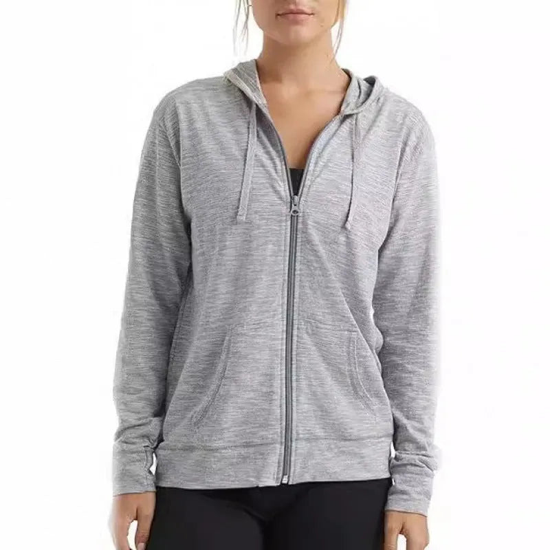 Women's loose fit polyester hoodie in solid colour with long sleeves, available in black, white, grey, dark blue, sky blue, dark pink.