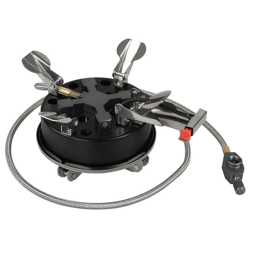 Silver foldable stainless steel split camping stove with extended fuel hose, shown unfolded.