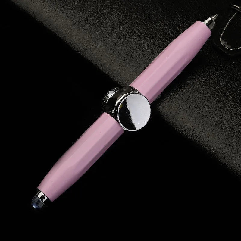 Metal gyro ballpoint pen with LED spinner, shown in multiple refill colour options.