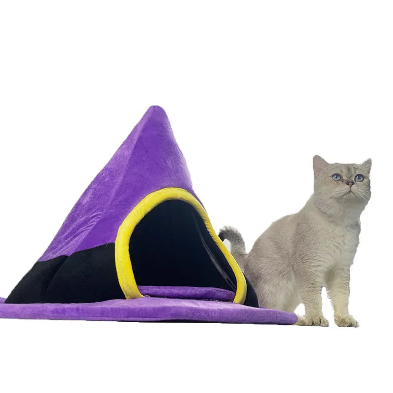 Purple Halloween witch hat shaped cat bed measuring 60x45cm