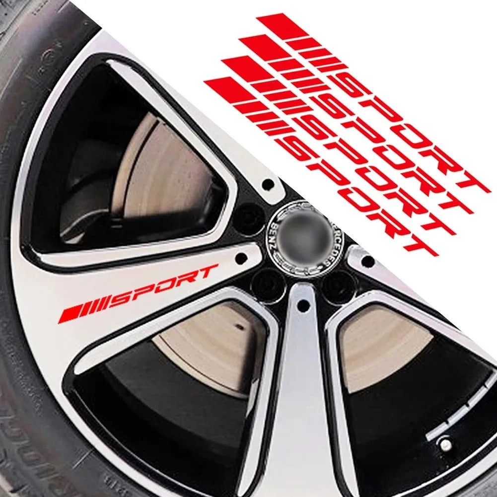 Hollow design red car rim sticker on alloy wheel, measuring 10cm long.