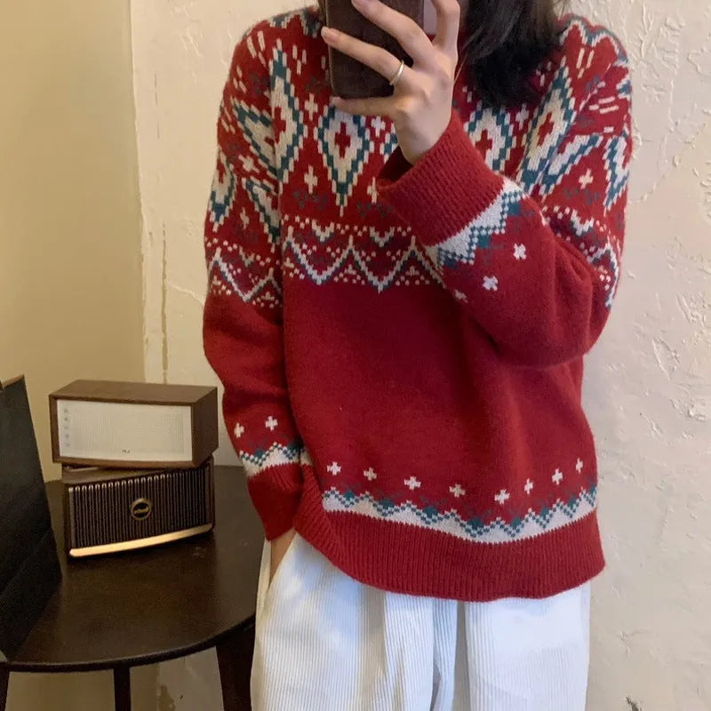 Loose retro striped pullover knitted top with long sleeves in white colour option