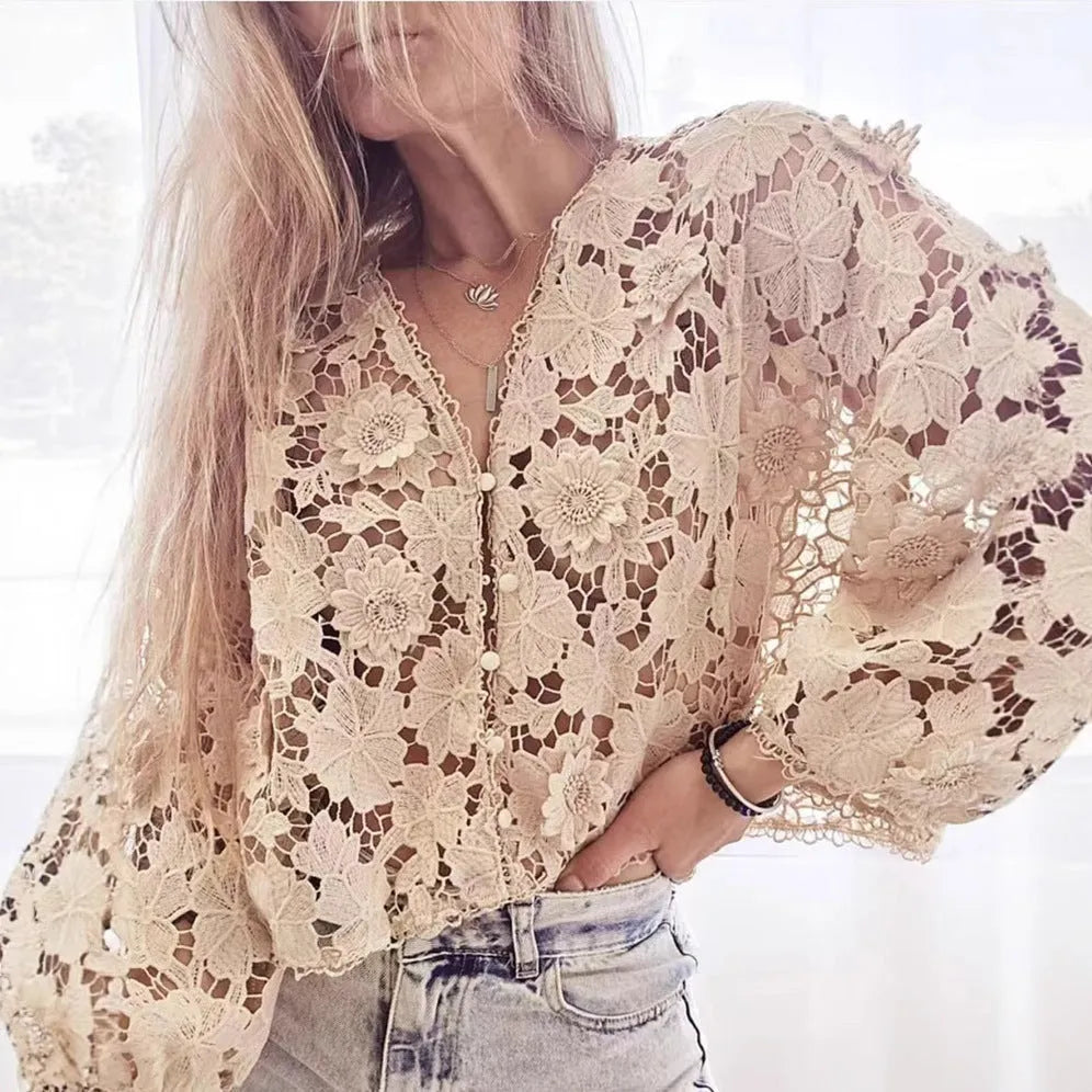 Women's black lace V-neck blouse with three-dimensional white floral decoration and long sleeves