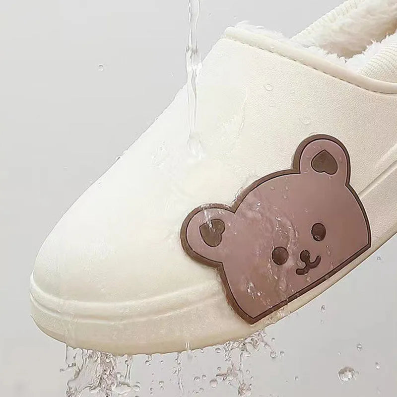 Bear fluffy slippers winter house shoes for women, unisex PVC sole, white colour