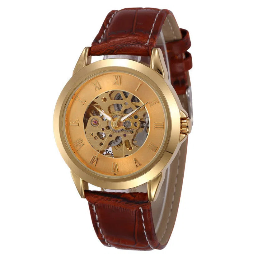 Men's automatic mechanical watch with hollowed-out round dial, 42mm alloy case, genuine leather strap, and transparent case back