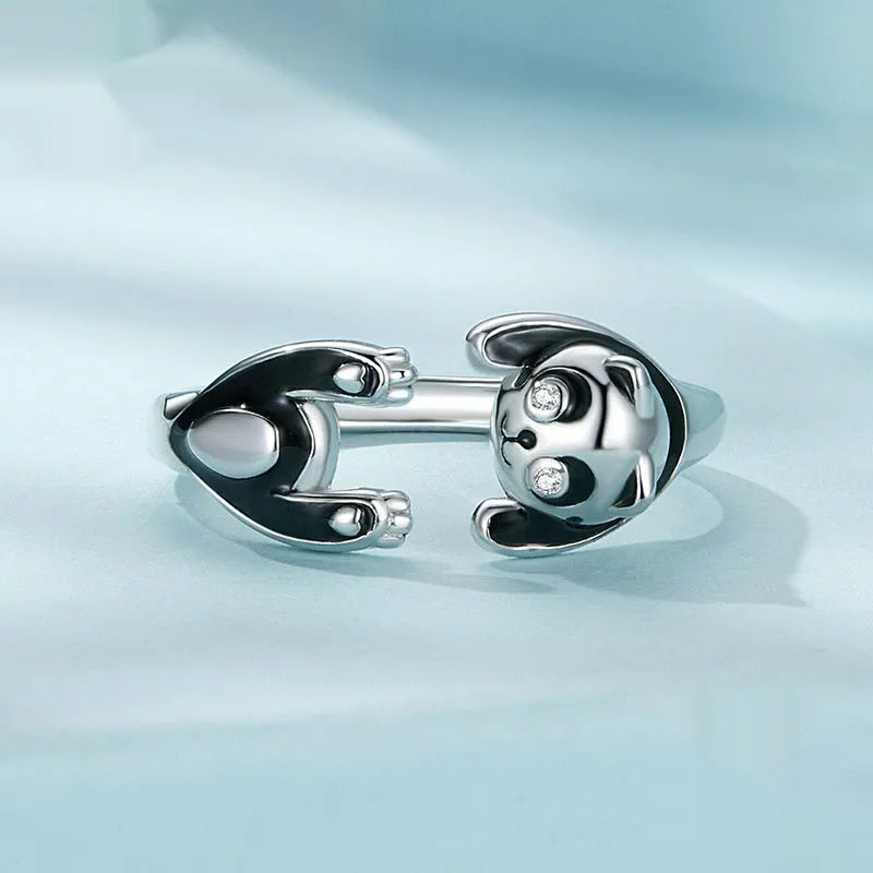 Adjustable panda open ring bracelet in sterling silver with white gold plating