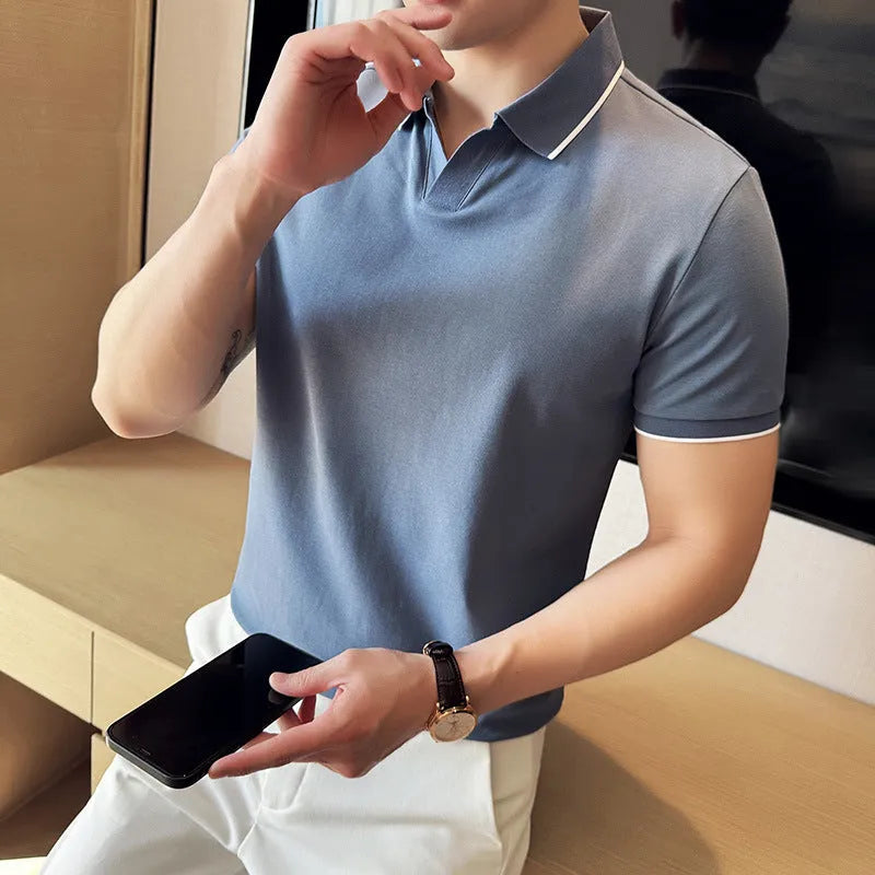 Men's short sleeve polo shirt with lapel collar in a cotton blend fabric, shown in multiple colour options.