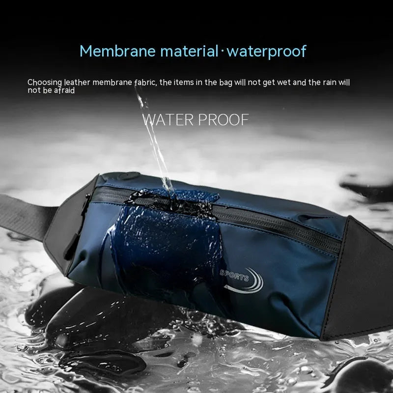 Men's waterproof waist bag in Derm Oxford polyester showing compact 45cm design