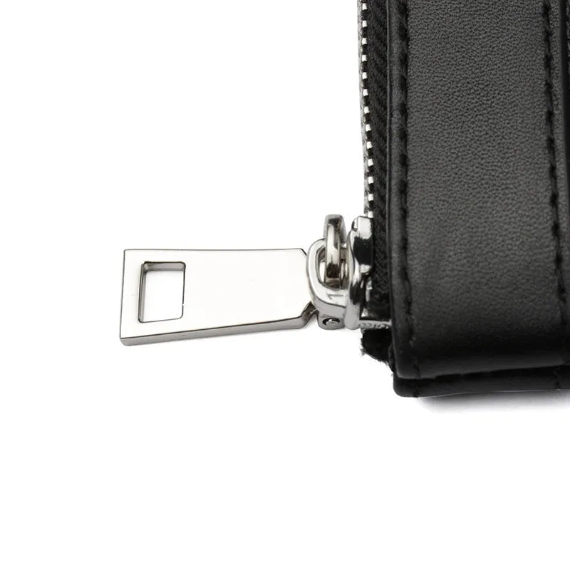 Men's black leather plaid clutch wallet showing front view with 20 x 10 cm dimensions