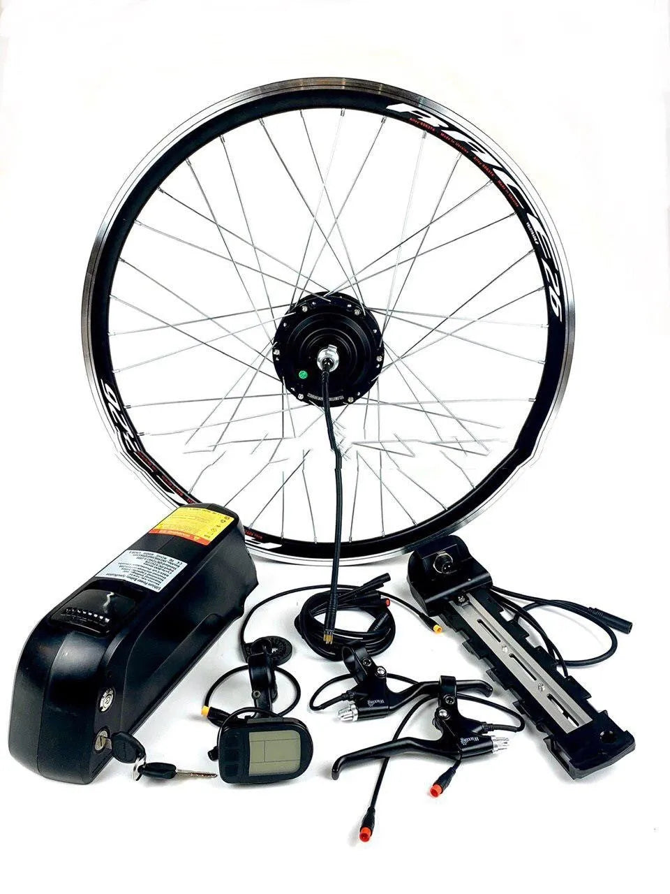 Lithium electric bicycle conversion kit with 36V 250W motor, controller, handlebar, and brake lever in black