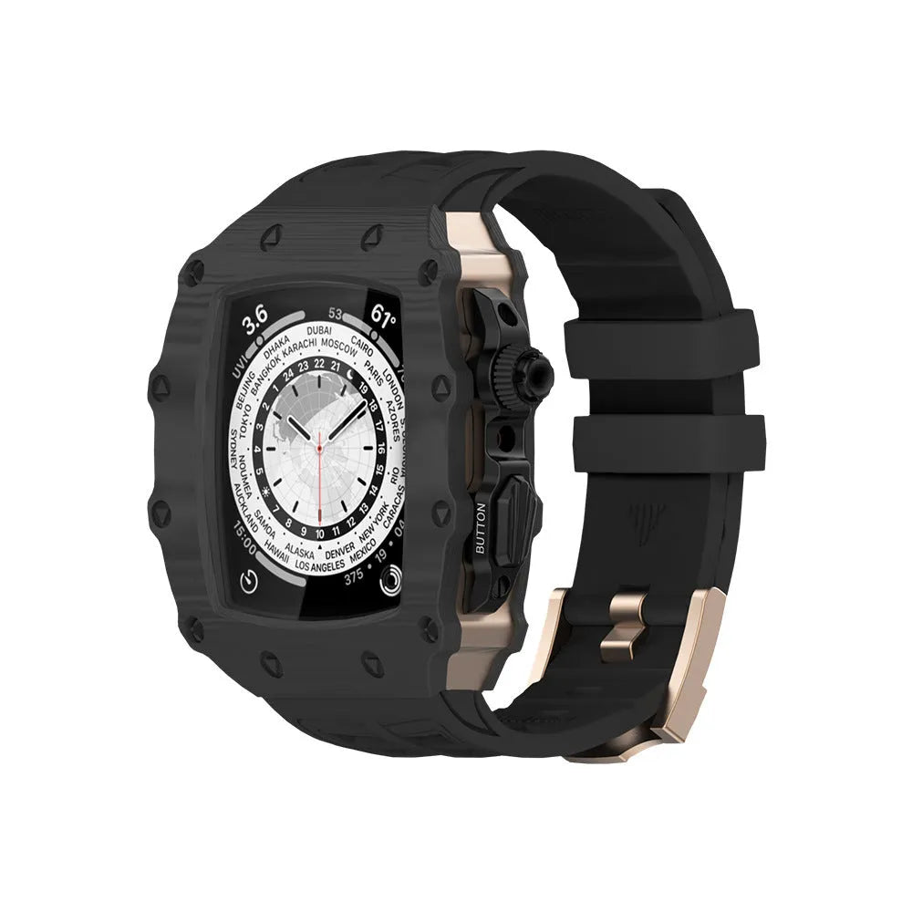 Carbon fiber shell strap for iWatch 45/44mm with rose gold buckle and white clip style